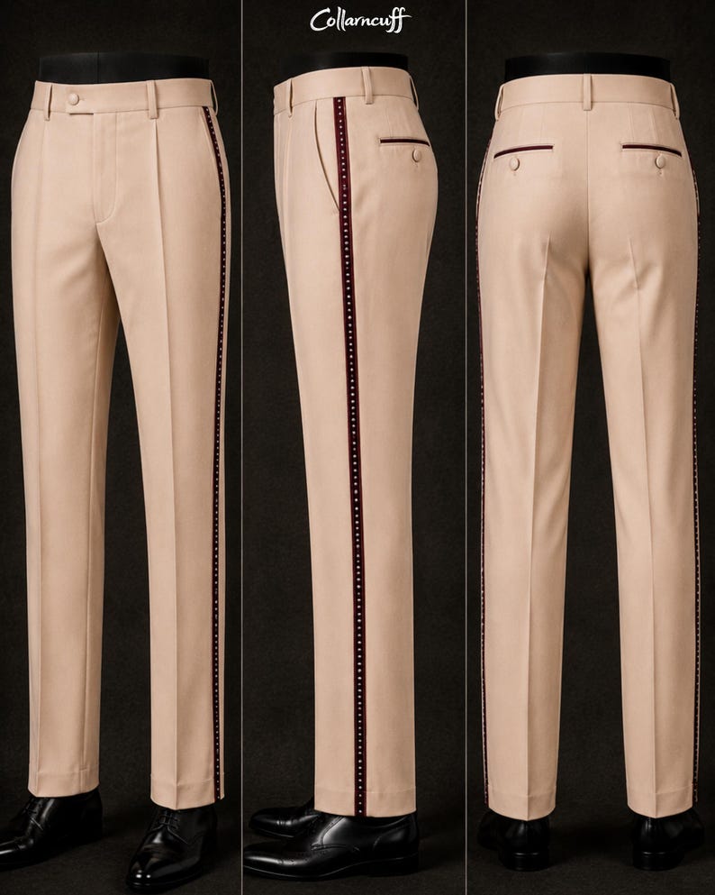 May include: Tan dress pants with a burgundy stripe down the side. The pants have a classic fit with a button closure and pockets. The pants are shown from multiple angles.