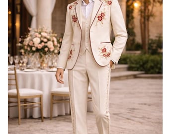 Men 3Pc Ivory Floral Embroidered Western Nudie Suit Custom Cowboy Groom Wear Vintage Country Style Wedding Reception Outfit Tailored Set