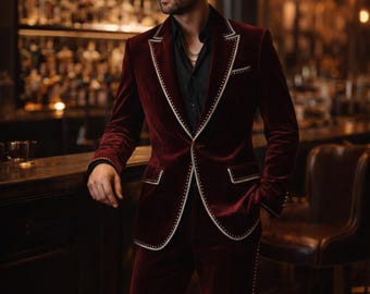 Herren Samtanzug Western Cowboy Nudie Outfit Beschlagene Paspelierung Blazer Ranch Hochzeit Bräutigam Kleidung Nashville Stage Wear