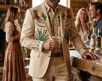 Männer Beige Angepasst Western Bestickt Cowboy Hochzeit Nudie Style Bräutigam Outfit Wüste Kaktus Vintage Country Formelle Kleidung Designer Anzug