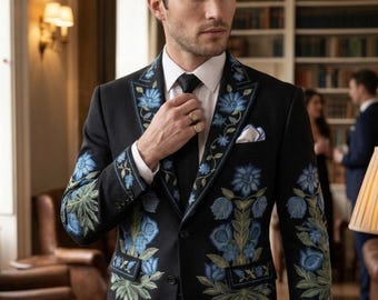 Herren Schwarz Angepasste Floral Gestickte Western Nudie Anzug Blau Design Spitze Revers Cowboy Outfit Bräutigam Hochzeit Party, Abschlussball Bühne Tragen