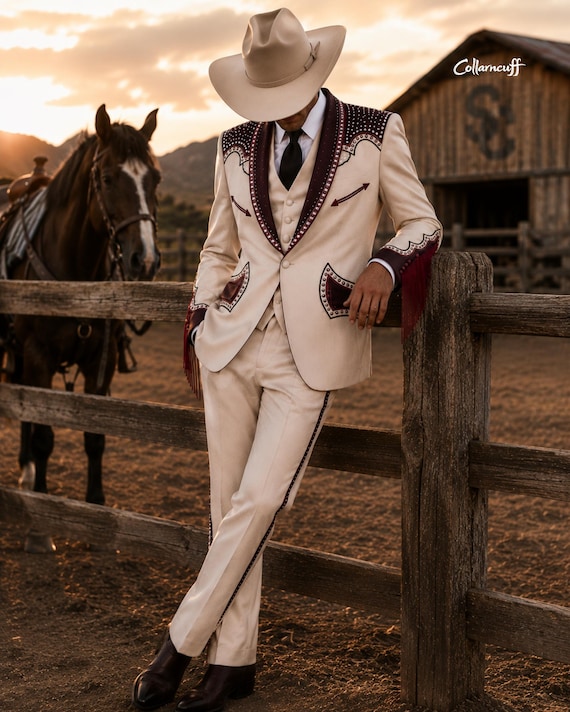 Men 2pc Beige Burgundy Fringed Rhinestone Arrow Nudie Western Cowboy Wedding Groom Attire Stage Performer Country Retro Boho Custom Suits