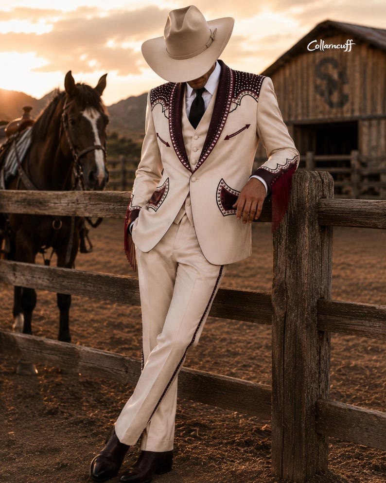 May include: A cream-colored Western-style suit with burgundy accents, worn with a matching hat and black tie. The suit features decorative stitching and fringe details. The scene is set outdoors with a horse and a wooden fence in the background.