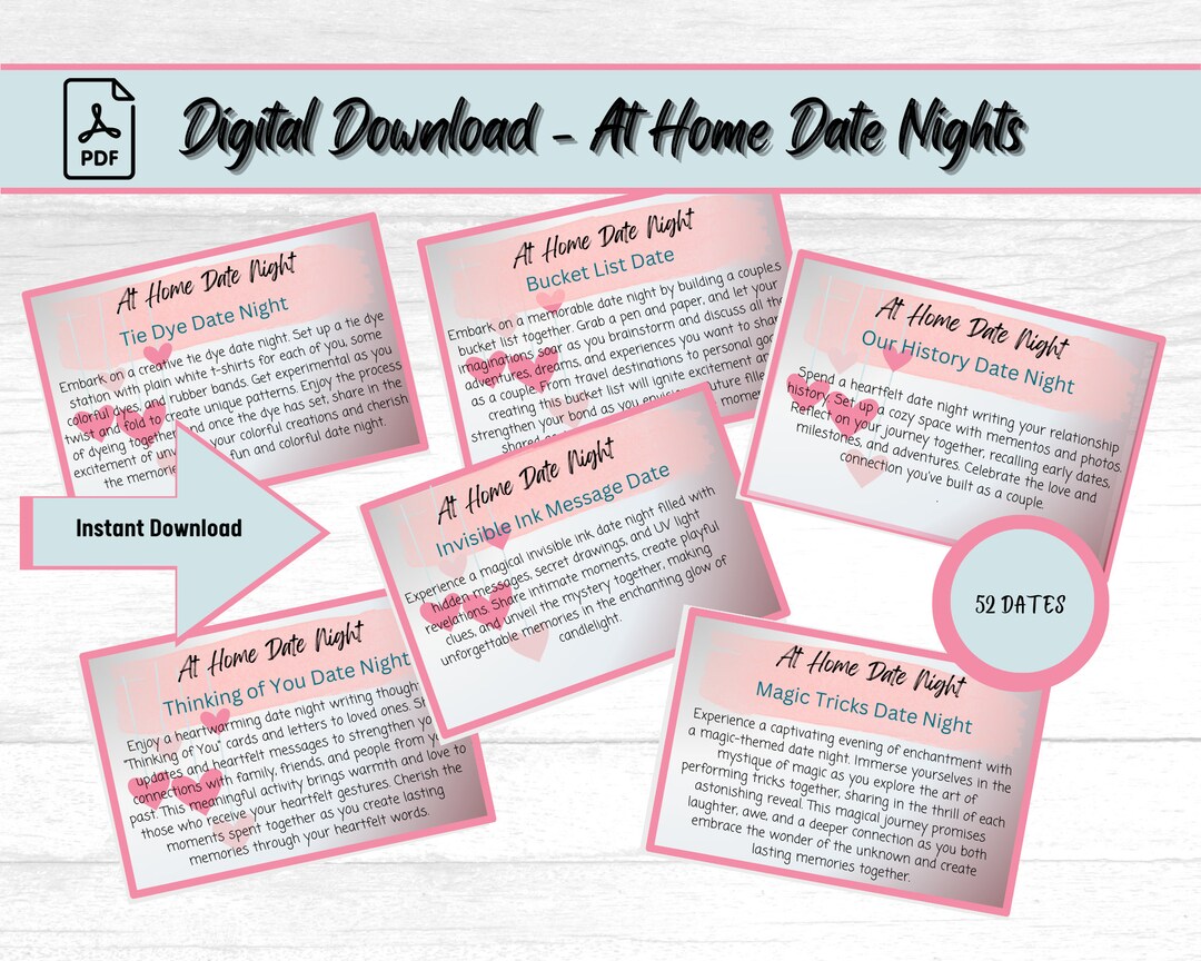 Printable Date Night Cards for 52 at Home Dates - Etsy
