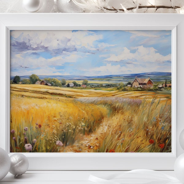 Oil Painting Meadow of Wildflowers Cottage Countryside Vintage Digital Wall Art Autumn Decoration