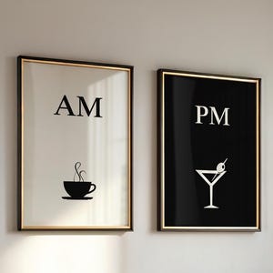 AM PM-posterset – Minimalistisk väggkonst med kaffe och cocktails i svartvitt för modernt kök eller bar – Digital nedladdning