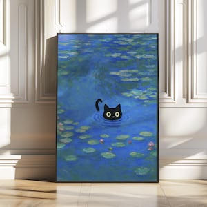 Cute Black Cat Swimming in Monet-Style Water Lilies as Funny Art Parody, Digital Cat Wall Art Inspired by Claude Monet, Instant Download