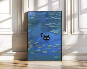 Black Cat Water Lily Pond Art, Monet Style Parody Poster (Digital Download)