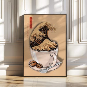 Coffee Cup Poster with Great Wave in Hokusai Style as Japanese Art Print for Kitchen or Office Wall – Digital Download