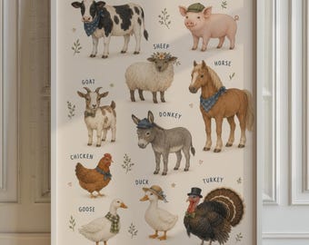 Farm Animal Chart Print, Living Room Wall Art, Nursery Educational Poster