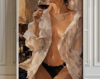 Woman Sipping Red Wine Poster, Living Room Wall Art, Moody Bar Decor