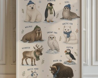 Arctic Animals Chart Poster, Cozy Watercolor Nursery Living Room Wall Art