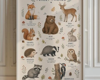 May include: A cream-colored educational poster titled Forest Friends featuring illustrations of a fox, deer, bear, squirrel, rabbit, hedgehog, badger, owl, raccoon, and woodpecker, each with a short descriptive text about their habits.