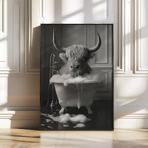 Highland Cow in Bathtub Poster – Funny Black and White Animal Wall Art for Bathroom or Guest Toilet – Surreal Cow Print – Digital Download