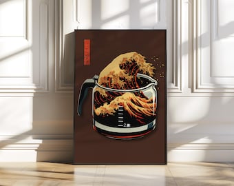 Japanese Wave Coffee Print, Brown Wabi Sabi Wall Art, Zen Kitchen Poster (Digital Download)