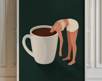 Woman in Coffee Cup Art Print, Quirky Kitchen Decor, Animal Humor, Matte Wall Decor