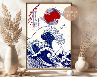 Koi Fish Wave Print, Japanese Zen Wall Art, Red Blue Poster