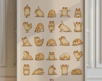 Yoga Hamsters Poster, 25 Poses, Cartoon Animal Wall Art (Cream Backdrop)