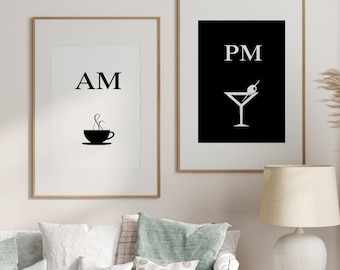 Coffee Cocktail Line Art Print, AM PM Minimalist Bar Decor, Matte Wall Decor