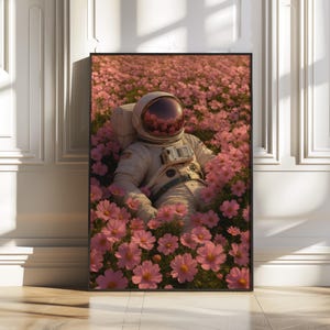 Astronaut Wall Art Surreal Space Print with Flowers Sci Fi Poster in Pink Field Dreamy Cosmic Art Decor Digital Download