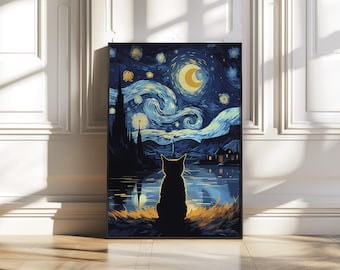 星月夜の猫のプリント、ゴッホ風アートポスター（デジタルダウンロード）