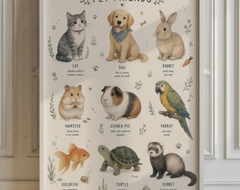 Pet Friends Chart Print, Watercolor Animals, Nursery Wall Art