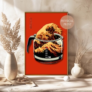 Japanese Art Meets Coffee Love – Funny Digital Print with Coffee Wave, Hokusai Inspired Design for Modern Wall Decor