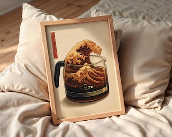 Coffee Bar Decor, Japandi Coffee Wave Print, Beige Wabi Sabi Kitchen Art (Digital Download)