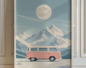 Pink Retro Van Mountain Poster, Minimalist Wall Art Living Room, Retro Camper Decor