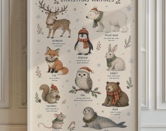 Winter Animals Christmas Chart Print, Nursery Kids Wall Art, Cartoon Style