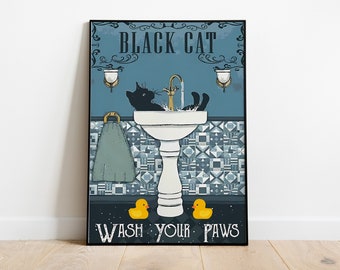 Black Cat Bathroom Art Print-Playful "Wash Your Paws" Poster, Bathroom Decoration & Unique Gift for Cat Lovers