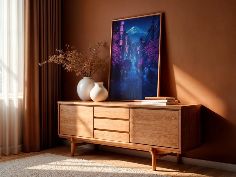 May include: A wooden dresser with three drawers and two doors. The dresser is light brown and has a modern design. A framed print of a city street scene with a mountain in the background is on top of the dresser. The print is blue and purple with pink accents.