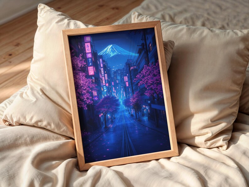 May include: A framed print of a digital painting depicting a street scene in Japan at night. The street is lined with buildings and cherry blossom trees. The mountain in the background is illuminated by a blue glow.