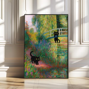 Impressionist Cat Art in Monet Style with Colorful Garden and Cute Black Cats, Whimsical Digital Wall Print for Kids Room or Home Decor
