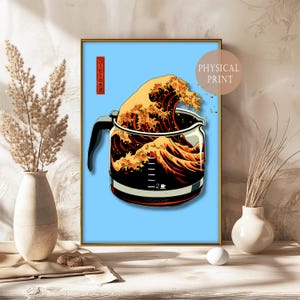Japanese Art Meets Coffee Love – Funny Digital Print with Coffee Wave, Hokusai Inspired Design for Modern Wall Decor
