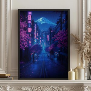 May include: A digital art print of a nighttime street scene in Japan. The street is lined with cherry blossom trees and buildings with neon signs. Mount Fuji is visible in the distance.