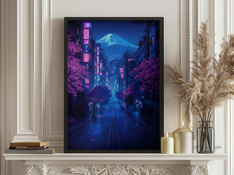 May include: A digital art print of a nighttime street scene in Japan. The street is lined with cherry blossom trees and buildings with neon signs. Mount Fuji is visible in the distance.
