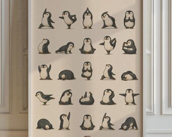 Yoga Penguins Grid Poster, Japanese Wall Art, Living Room Decor