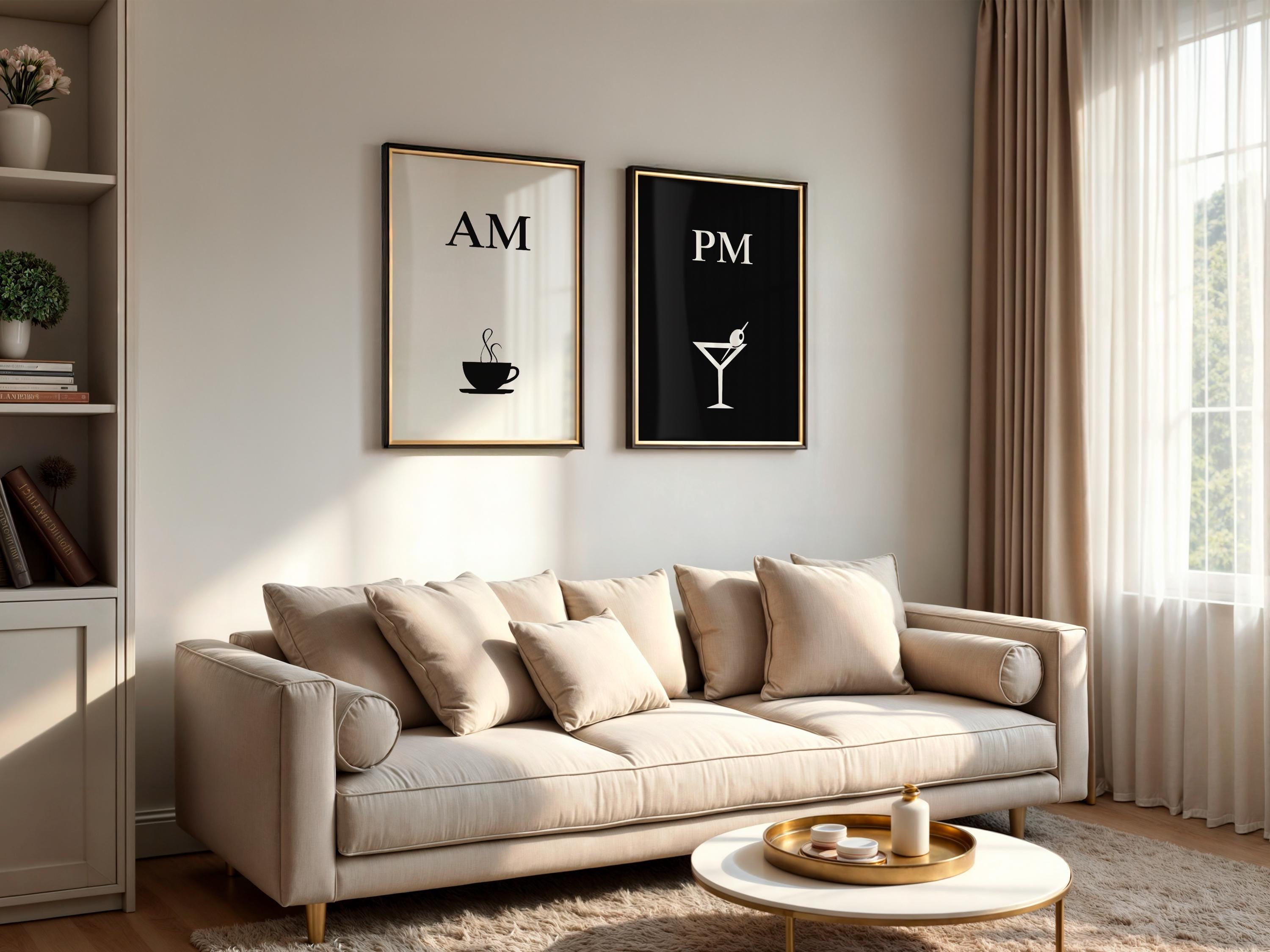 Kaffe & Cocktail AM/PM plakatsæt, minimalistisk line art (sæt med 2)