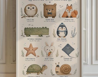 Shapes Animals Poster, Baby Boy Nursery Wall Art, Educational Kids Room Decor