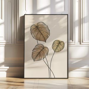 Monstera Pflanze Poster Line Art in Braun Beige, Boho Wanddeko für Wohnzimmer oder Flur, Tropisches Blätter Design, Digitaler Download