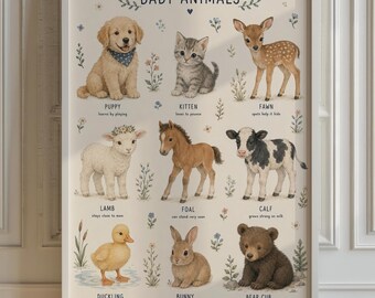 Baby Animals Nursery Print, Living Room Wall Art, Educational Watercolor Poster
