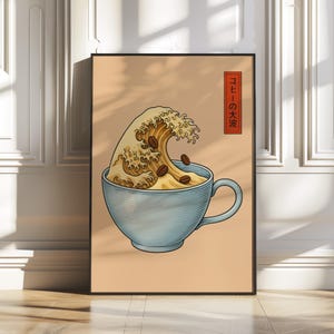 Coffee Wave Poster with Beige Background – Japanese Inspired Retro Art Print with Beans for Kitchen, Café or Bar – Digital Download