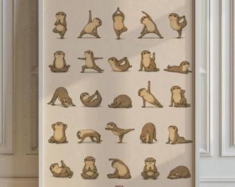 Yoga Otters Poster, Cartoon Animal Wall Art, Matte Print
