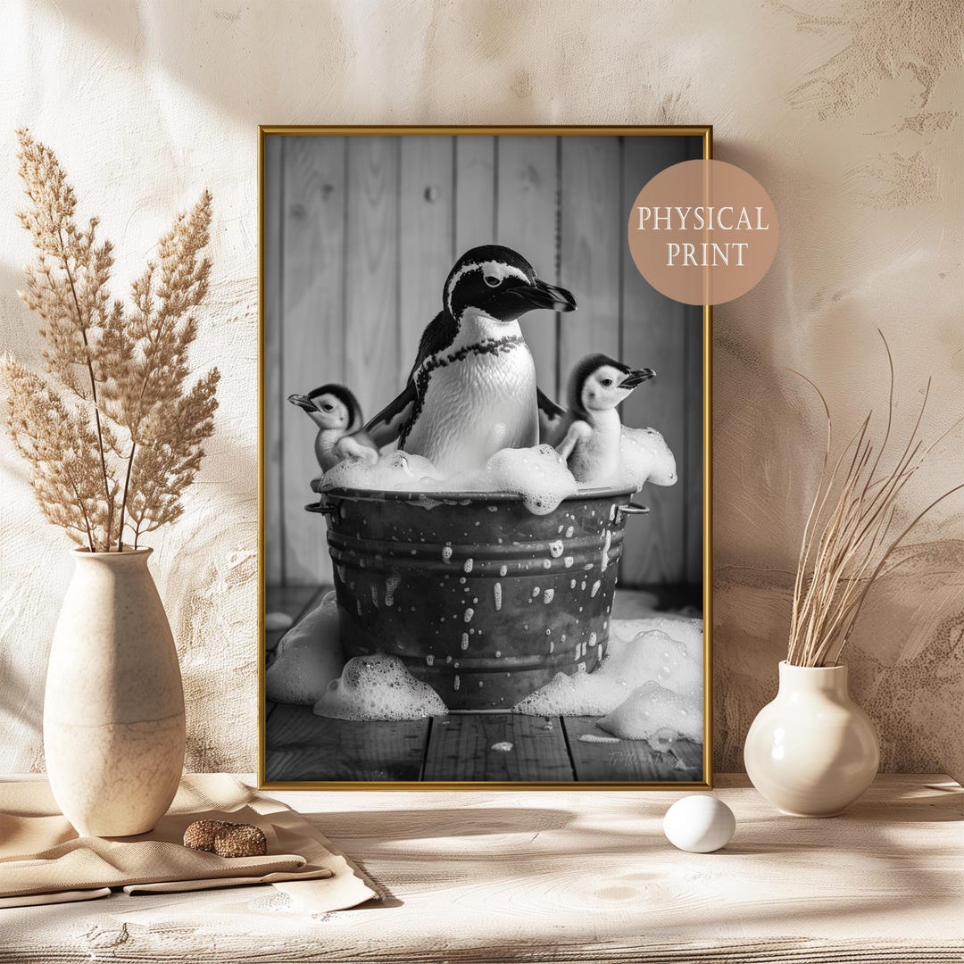 Penguin Family Bathtub Print, Black White Animal Wall Art Poster ...