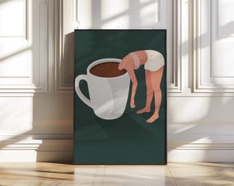 Woman in Coffee Cup Print, Quirky Kitchen Decor, Animal Humor (Digital Download)