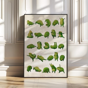 May include: A poster featuring a series of green frogs in various yoga poses. The frogs are depicted in a lighthearted and humorous way, with each pose labelled with a yoga term.