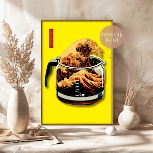 Japanese Art Meets Coffee Love – Funny Digital Print with Coffee Wave, Hokusai Inspired Design for Modern Wall Decor