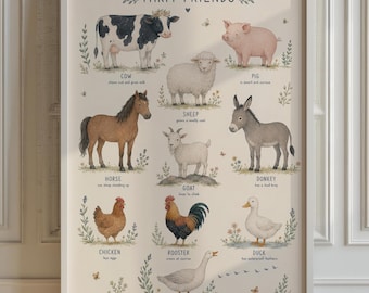 Farm Animal Chart Poster, Living Room Wall Art, Educational Nursery Decor