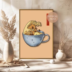 Japanese Coffee Wave Poster - The Great Wave - Hokusai inspired artwork with coffee cup - wall decoration for coffee lovers